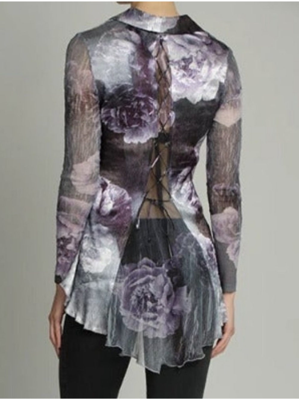 Komarov Crinkle Lace Up Back Floral‎ Blouse L